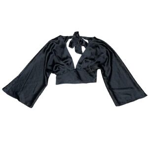 Sexy Zara Black Satin Halter Long Sleeve Low Neck Women’s Crop Top Sz XL
